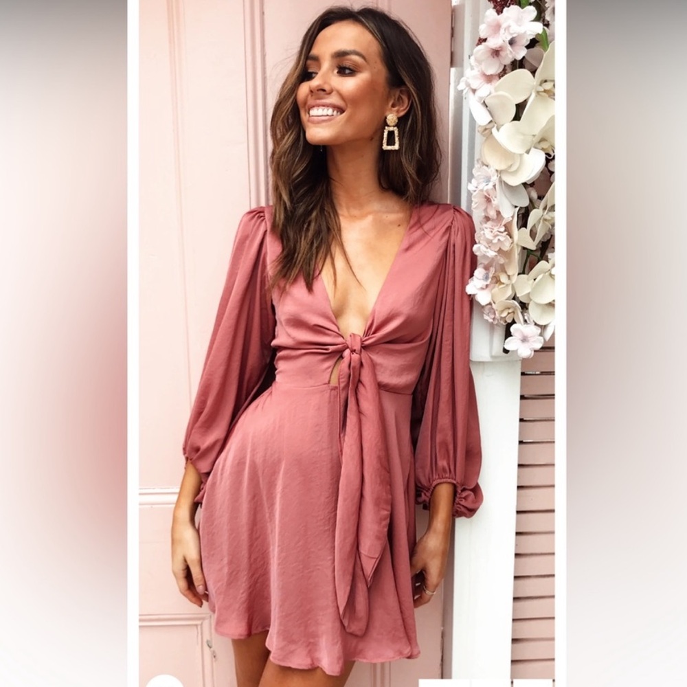 Billy J Sola Satin A-line Mini Dress Long Sleeve in Baked Rose Size 16 NEW